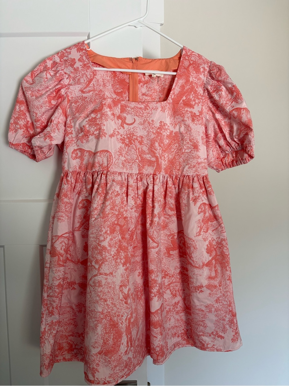 Coral Pink Puff-Sleeve Square Neck Dress